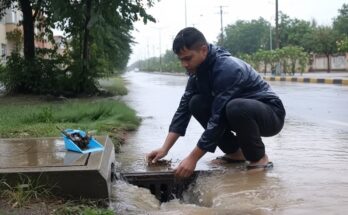 Worker cleaning a culvert drain clogged with grass on a city street to restore water flow and prevent flooding after heavy rain.