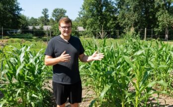 Gardening tutorial showing Three Sisters companion planting with corn, beans, and squash growing together for sustainable garden success.