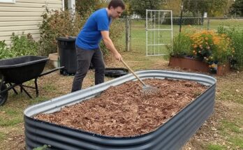 Demonstration of how to save money filling tall garden beds by layering logs, branches, leaves, compost, and topsoil.