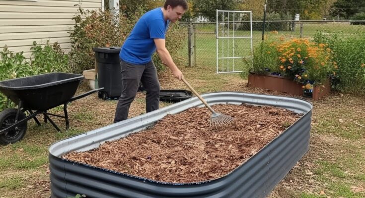 Demonstration of how to save money filling tall garden beds by layering logs, branches, leaves, compost, and topsoil.