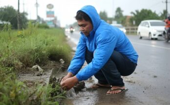 Cleaning a culvert drain during the rainy season to prevent street flooding, protect roads, and improve rainwater drainage.